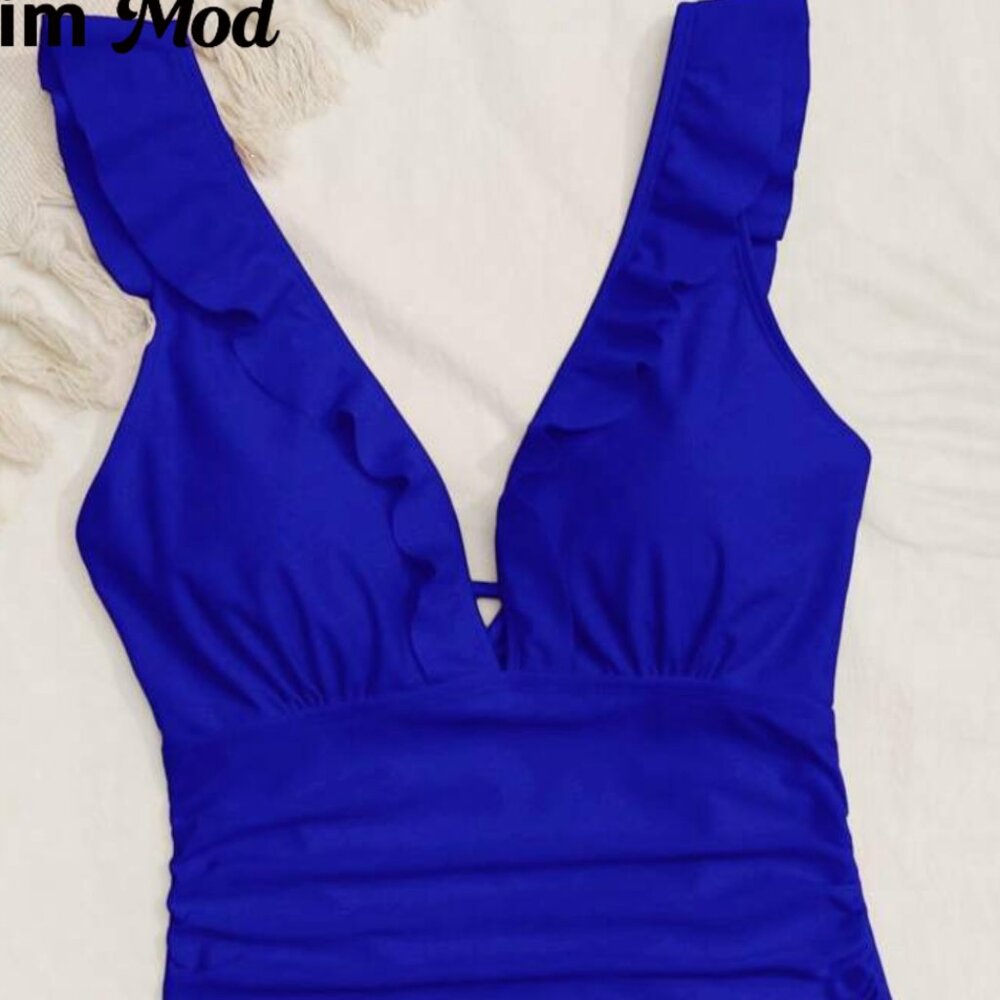 Brand New! Never Worn! Women's Bright Blue Ruched Frill 1-Piece - Medium